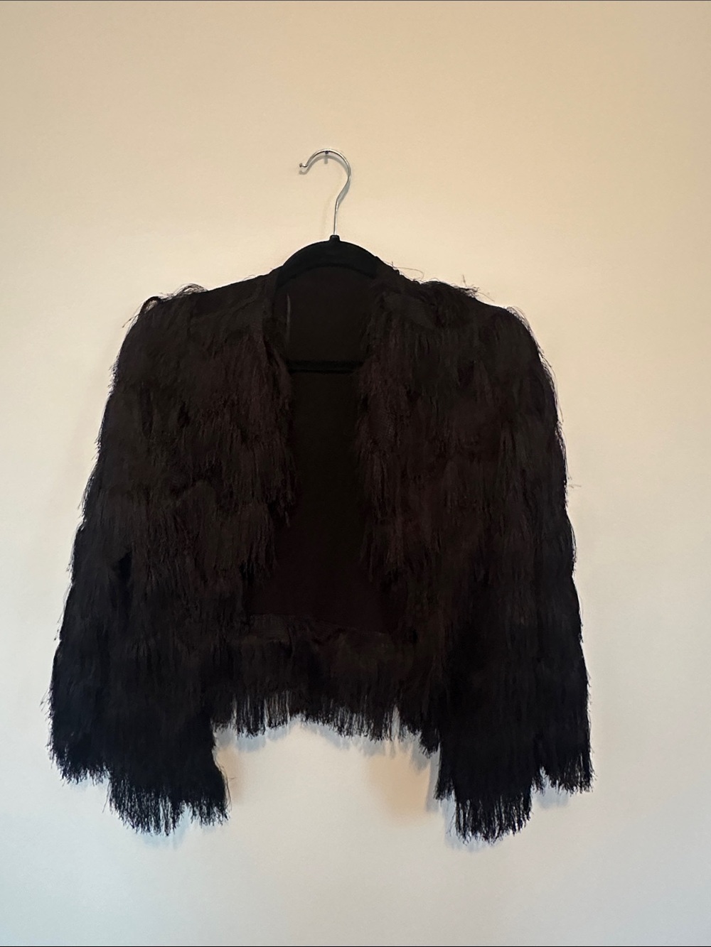 Zara Black Fringe Open-Front Teddy Jacket